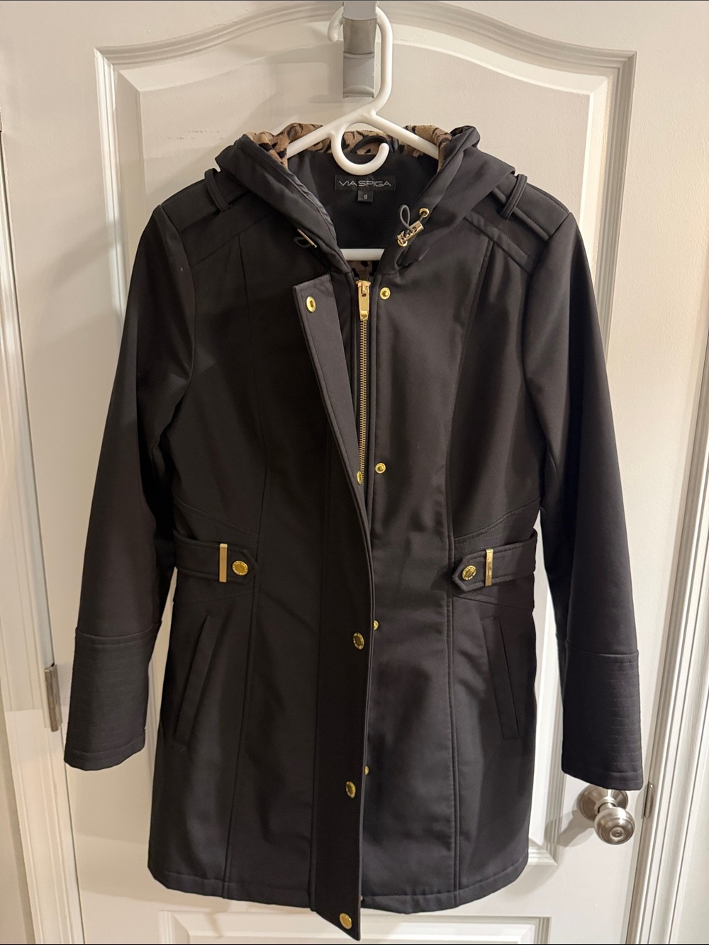 Via Spiga Black Hooded Trench Coat with Gold Hardware